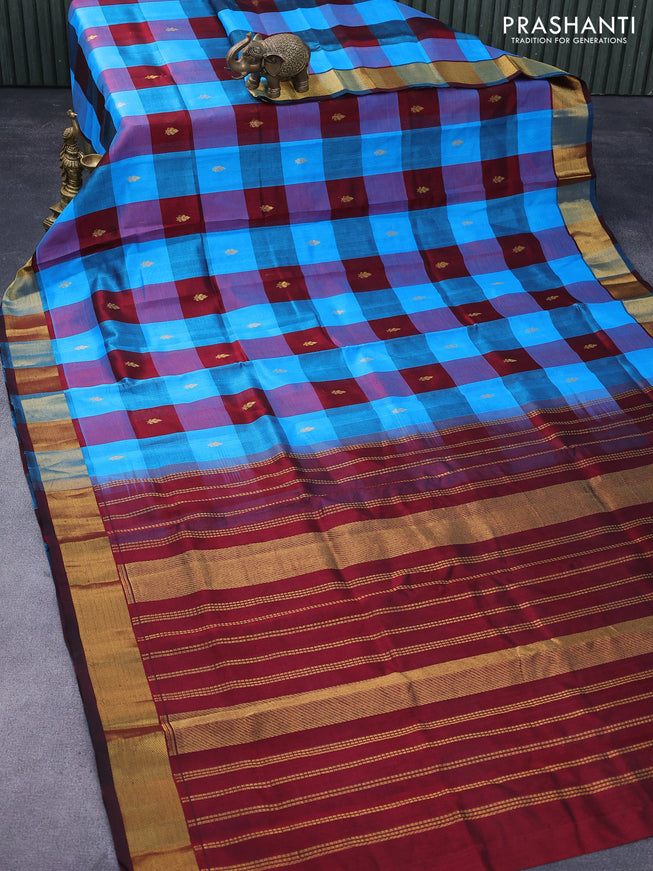 Silk cotton saree cs blue and maroon with allover paalum pazhamum checked pattern & zari buttas and zari woven border