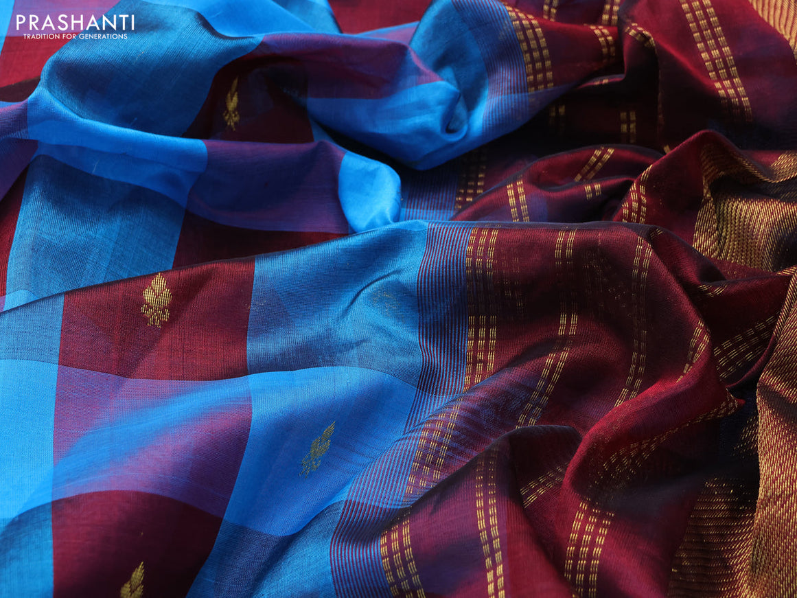 Silk cotton saree cs blue and maroon with allover paalum pazhamum checked pattern & zari buttas and zari woven border