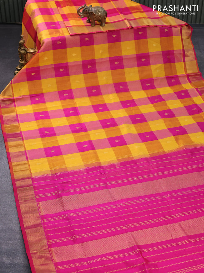 Silk cotton saree yellow and pink with allover paalum pazhamum checks & temple zari buttas and zari woven border