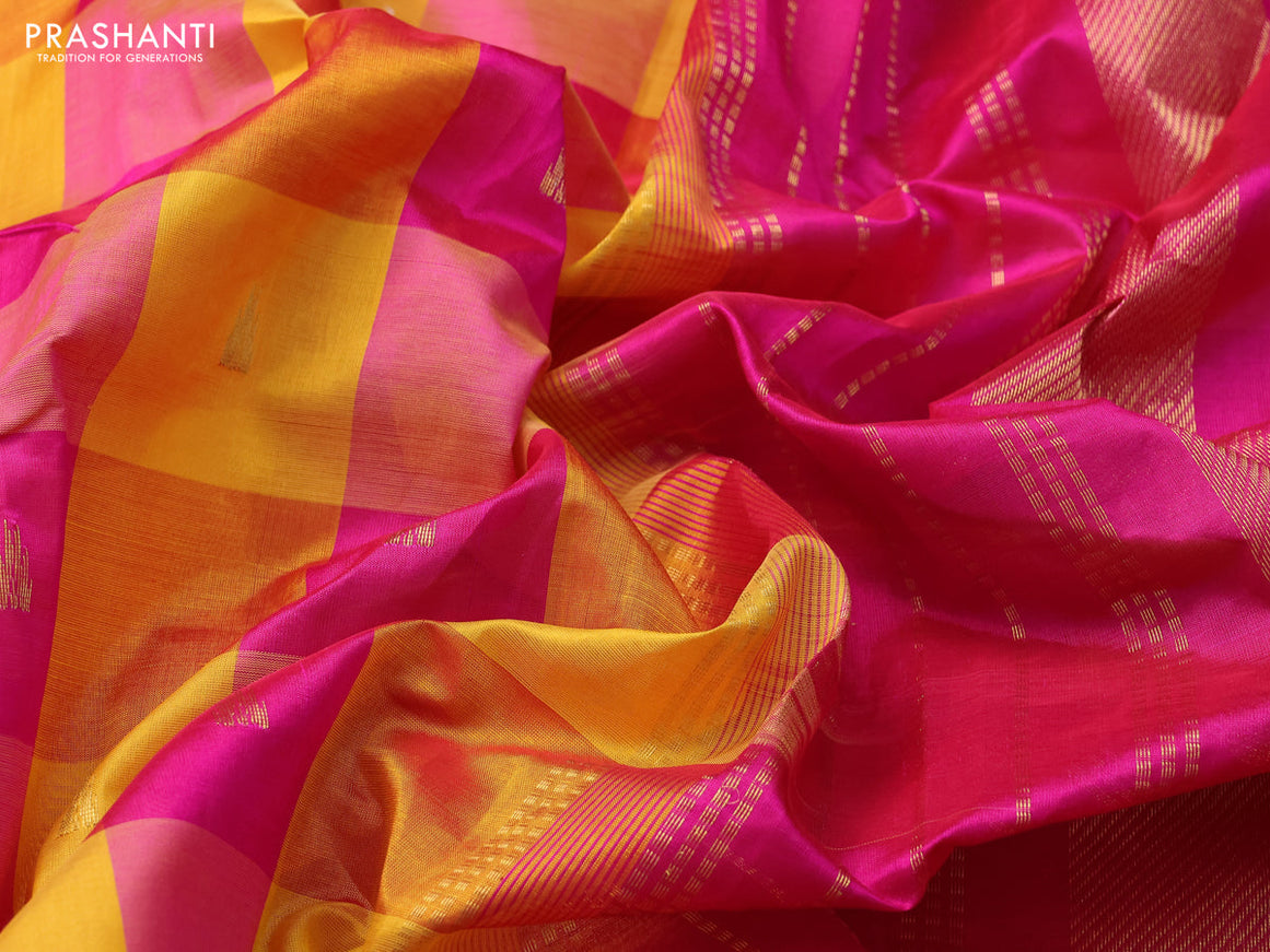 Silk cotton saree yellow and pink with allover paalum pazhamum checks & temple zari buttas and zari woven border