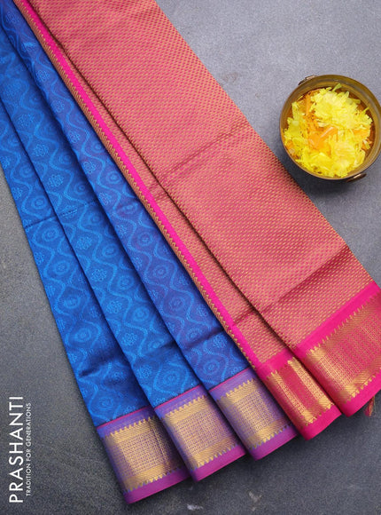 Silk cotton saree cs blue and pink with allover self emboss jacquard and zari woven border