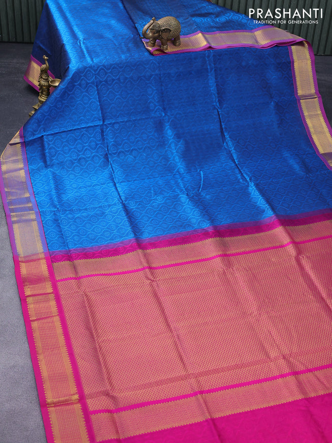 Silk cotton saree cs blue and pink with allover self emboss jacquard and zari woven border