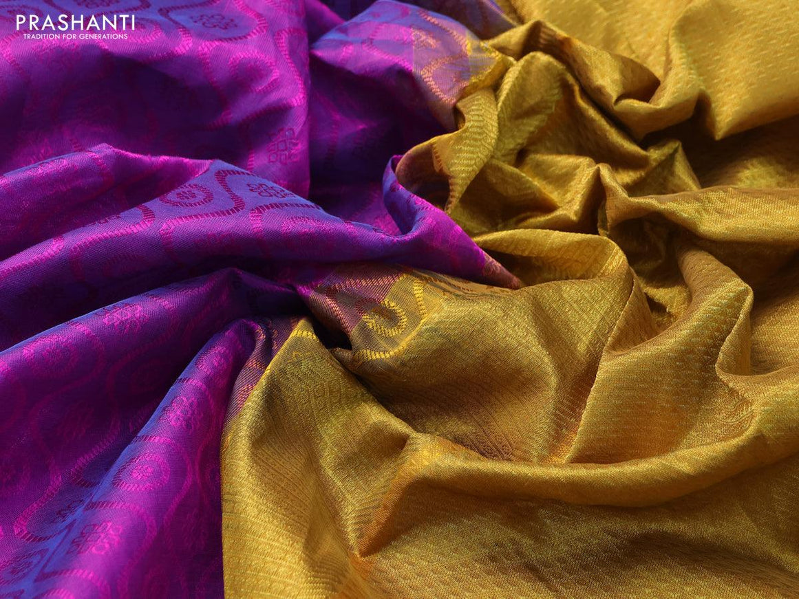 Silk cotton saree purple and mustard yellow with allover self emboss jacquard and zari woven border