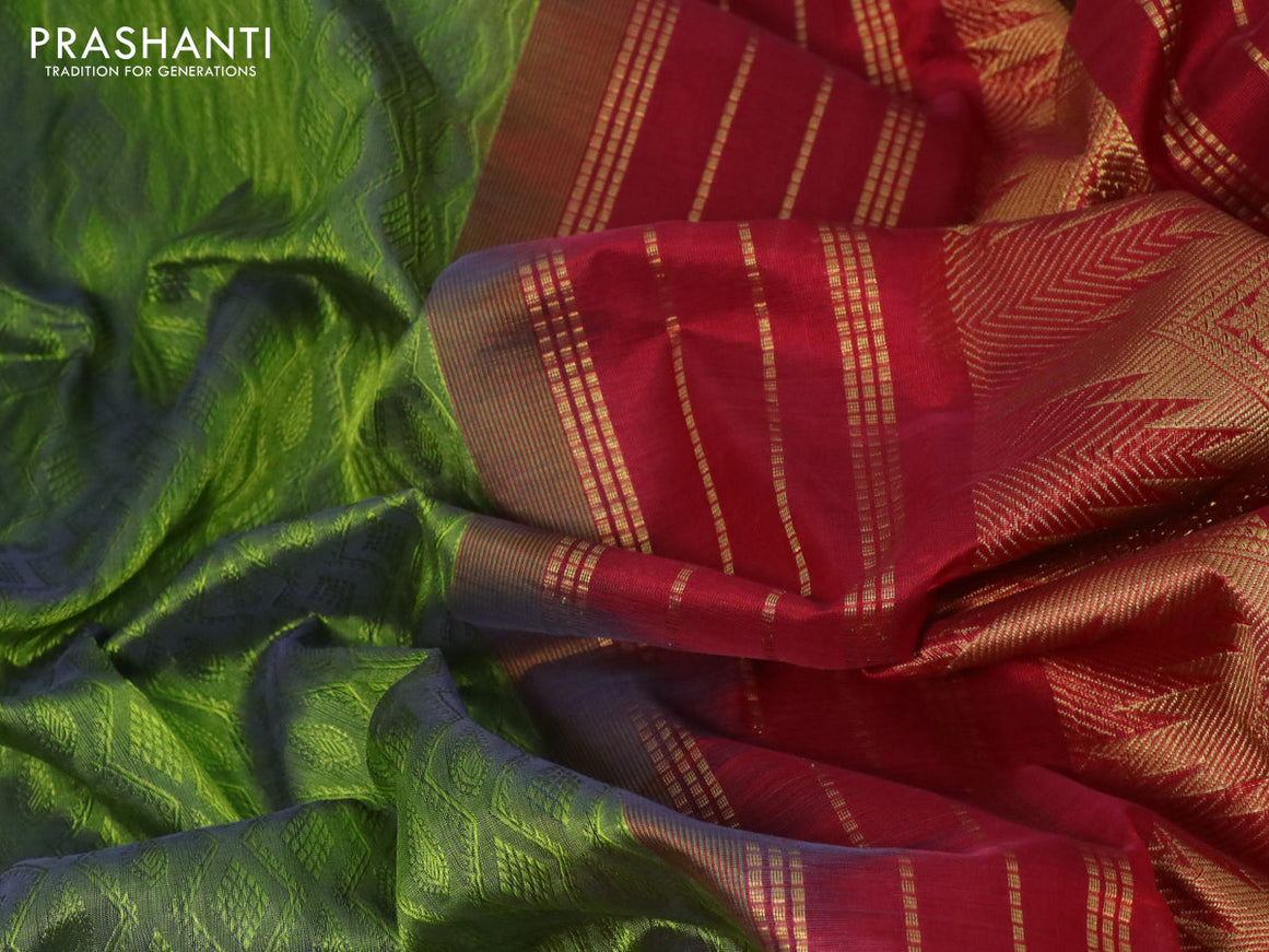 Silk cotton saree light green and maroon with allover self emboss jacquard and temple design zari woven border