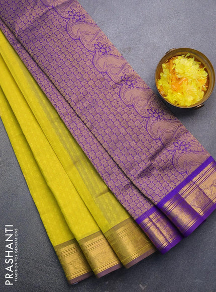 Silk cotton saree yellow and blue with allover self emboss jacquard & zari buttas and zari woven border