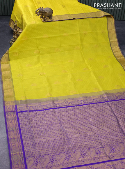 Silk cotton saree yellow and blue with allover self emboss jacquard & zari buttas and zari woven border