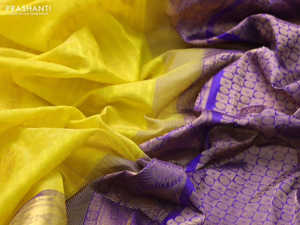 Silk cotton saree yellow and blue with allover self emboss jacquard & zari buttas and zari woven border