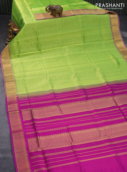 Silk cotton saree fluorescent green and magenta pink with allover self emboss jacquard and zari woven border