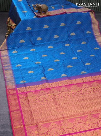 Silk cotton saree cs blue and pink with allover self emboss jacquard & zari buttas and zari woven border