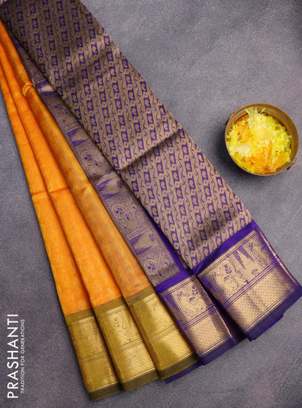 Silk cotton saree mango yellow and blue with allover self emboss jacquard and annam zari woven border