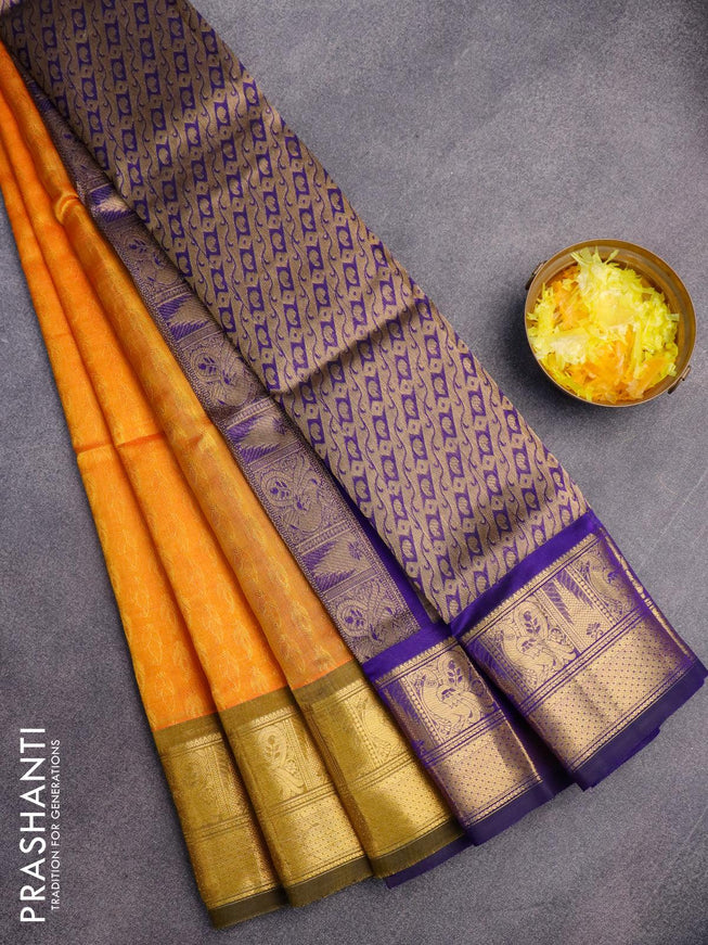 Silk cotton saree mango yellow and blue with allover self emboss jacquard and annam zari woven border