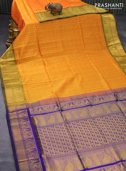 Silk cotton saree mango yellow and blue with allover self emboss jacquard and annam zari woven border