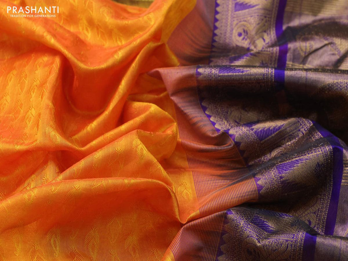 Silk cotton saree mango yellow and blue with allover self emboss jacquard and annam zari woven border