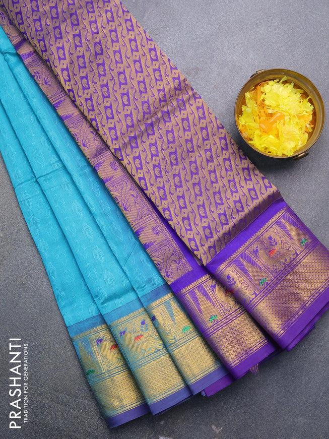 Silk cotton saree teal blue and blue with allover self emboss jacquard and annam zari woven border