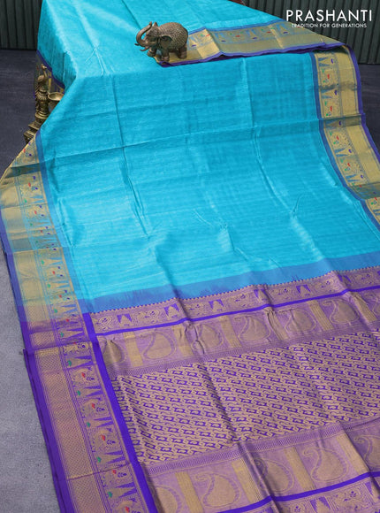 Silk cotton saree teal blue and blue with allover self emboss jacquard and annam zari woven border