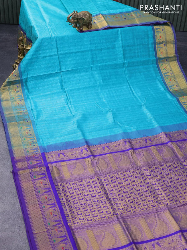 Silk cotton saree teal blue and blue with allover self emboss jacquard and annam zari woven border