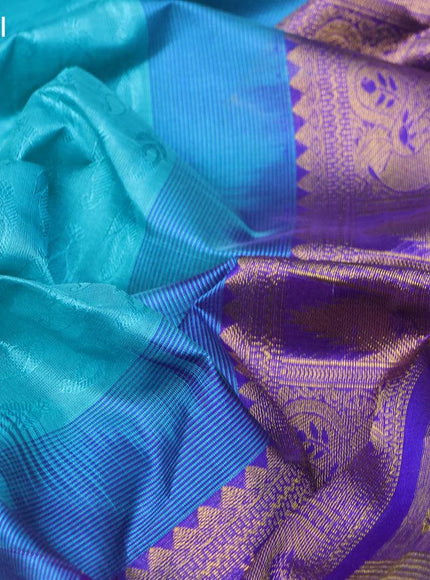 Silk cotton saree teal blue and blue with allover self emboss jacquard and annam zari woven border