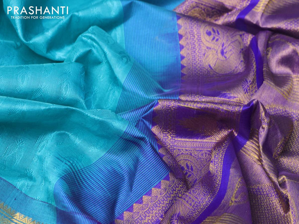 Silk cotton saree teal blue and blue with allover self emboss jacquard and annam zari woven border