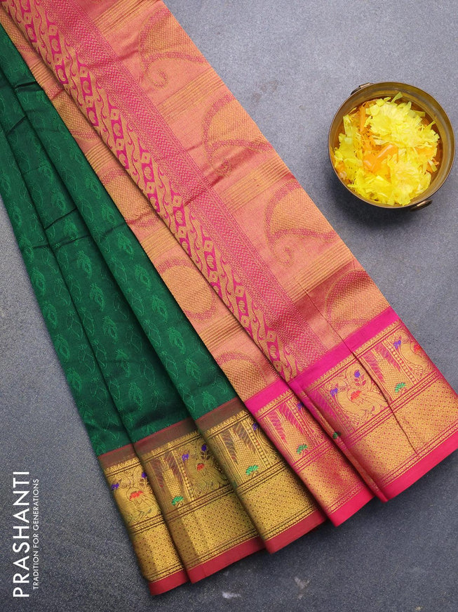 Silk cotton saree green and pink with allover self emboss jacquard and annam zari woven border