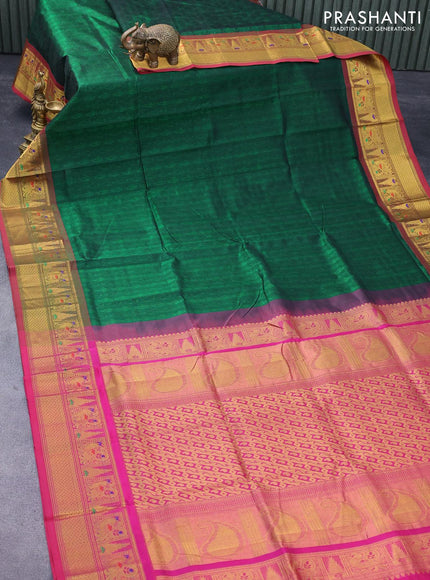 Silk cotton saree green and pink with allover self emboss jacquard and annam zari woven border