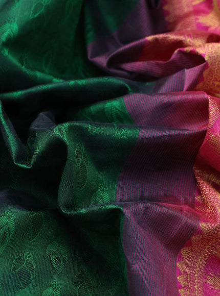 Silk cotton saree green and pink with allover self emboss jacquard and annam zari woven border