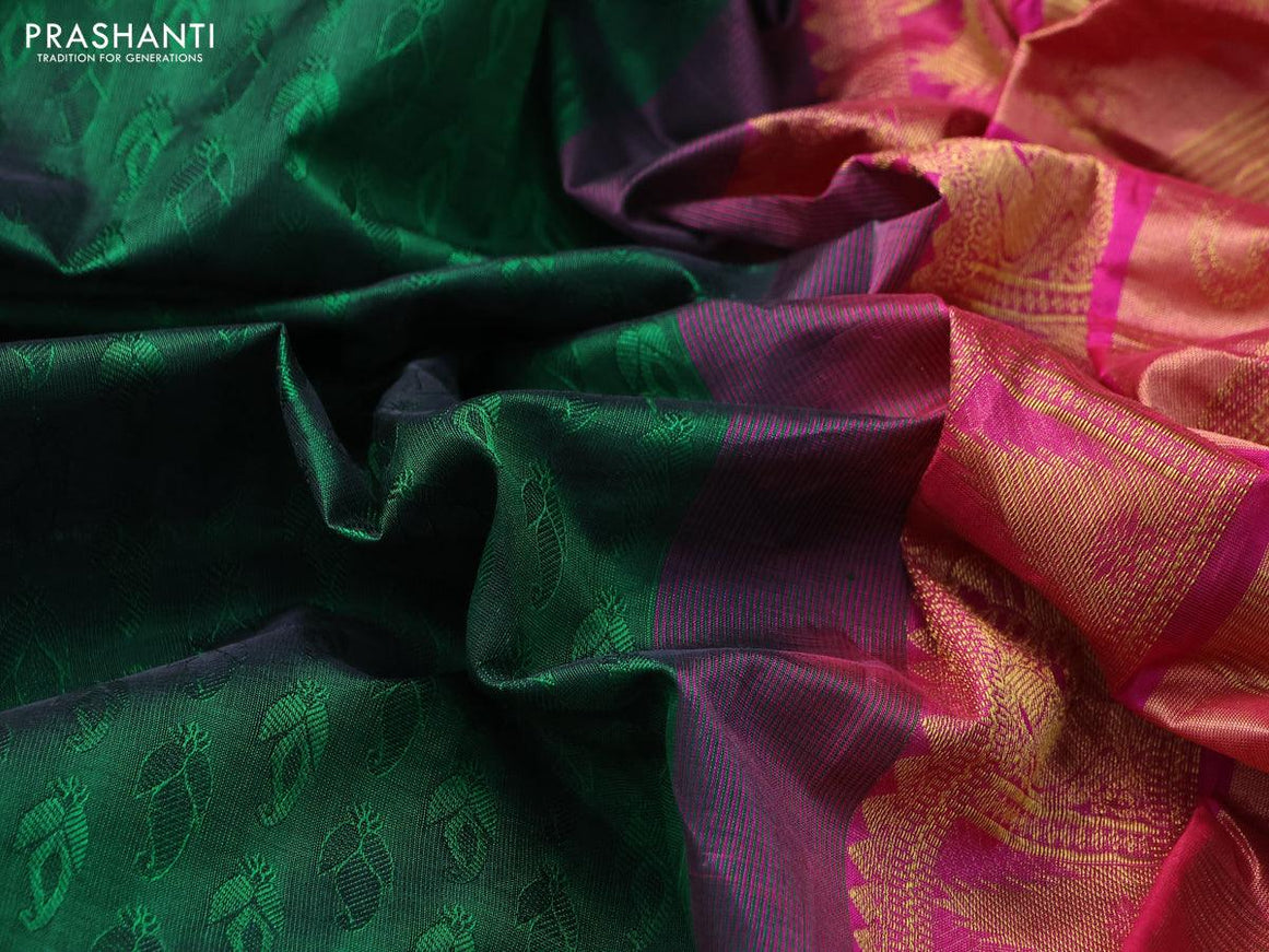 Silk cotton saree green and pink with allover self emboss jacquard and annam zari woven border