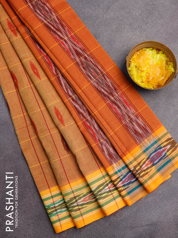 Ikat cotton saree mustard shade and rust shade mango yellow with checked pattern & ikat butta weaves and ikat woven border with blouse