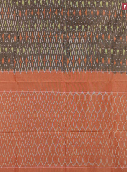 Ikat cotton saree grey and orange with allover ikat weaves and simple border without blouse