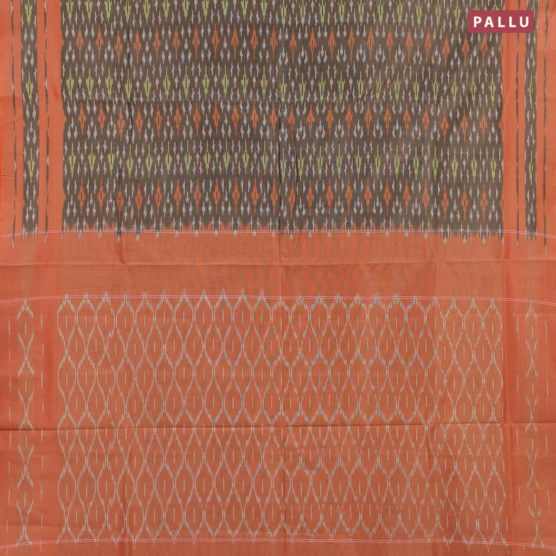 Ikat cotton saree grey and orange with allover ikat weaves and simple border without blouse