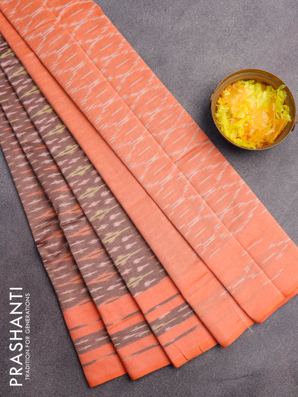 Ikat cotton saree pastel brown and orange with allover ikat weaves and simple border without blouse