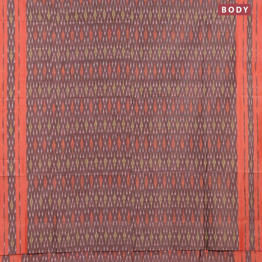 Ikat cotton saree pastel brown and orange with allover ikat weaves and simple border without blouse