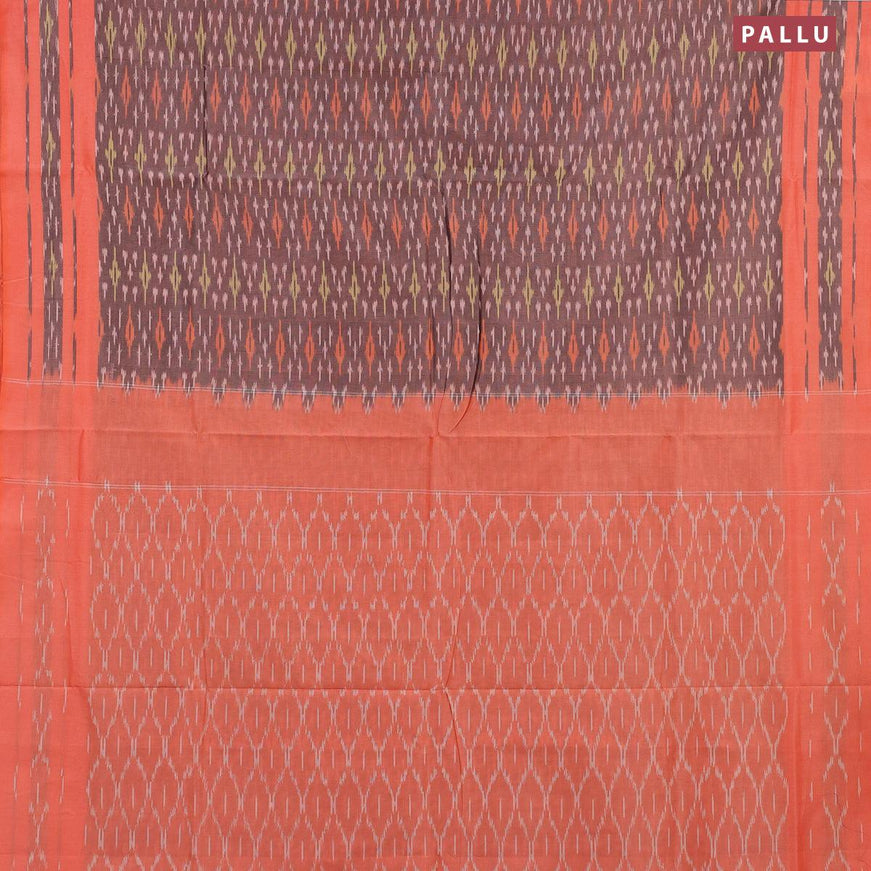 Ikat cotton saree pastel brown and orange with allover ikat weaves and simple border without blouse