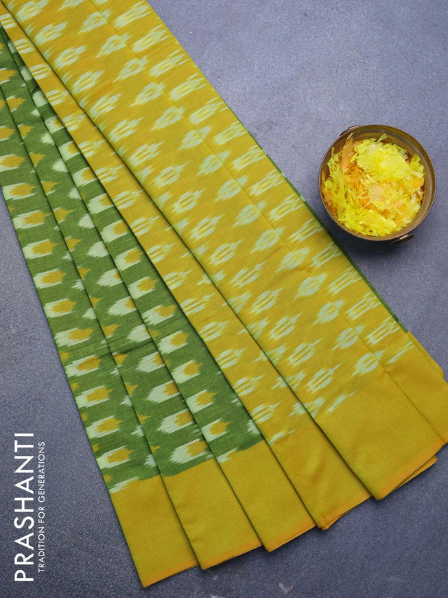 Ikat cotton saree green and yellow with ikat butta weaves and simple border without blouse