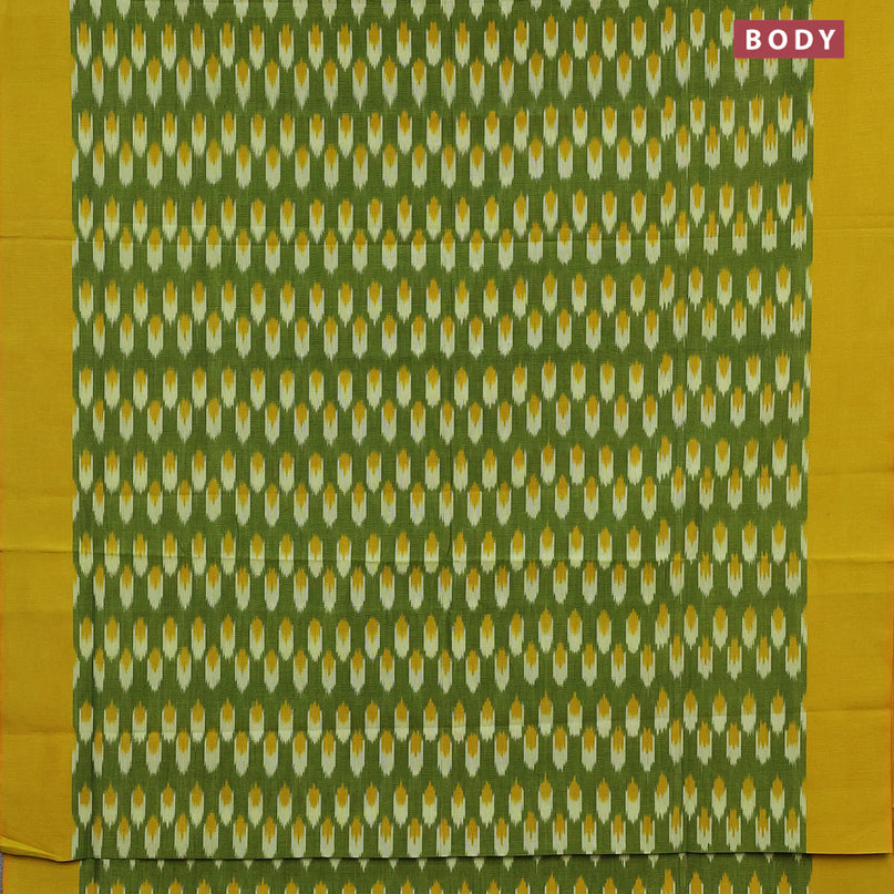 Ikat cotton saree green and yellow with ikat butta weaves and simple border without blouse