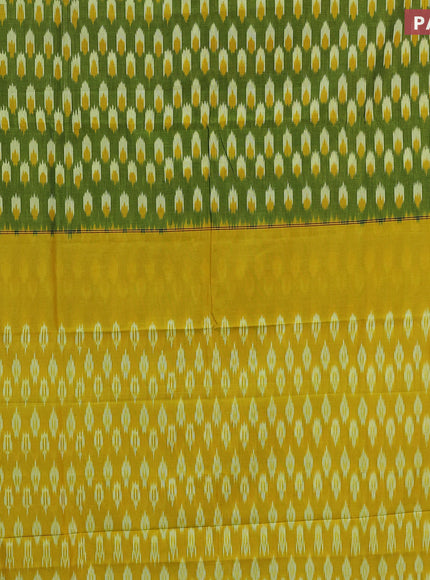 Ikat cotton saree green and yellow with ikat butta weaves and simple border without blouse