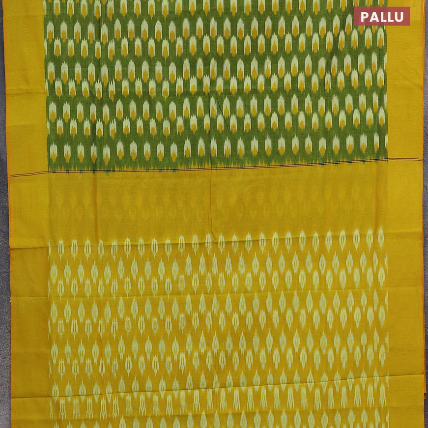 Ikat cotton saree green and yellow with ikat butta weaves and simple border without blouse