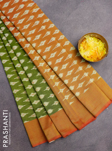 Ikat cotton saree green and red shade with ikat butta weaves and simple border without blouse