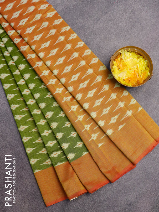 Ikat cotton saree green and red shade with ikat butta weaves and simple border without blouse