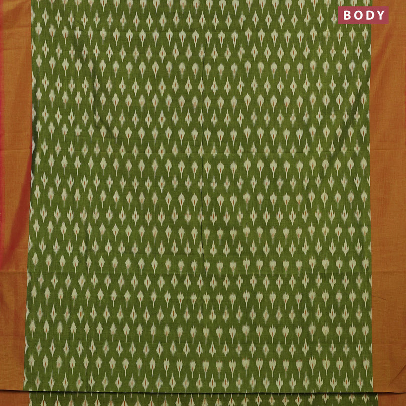 Ikat cotton saree green and red shade with ikat butta weaves and simple border without blouse