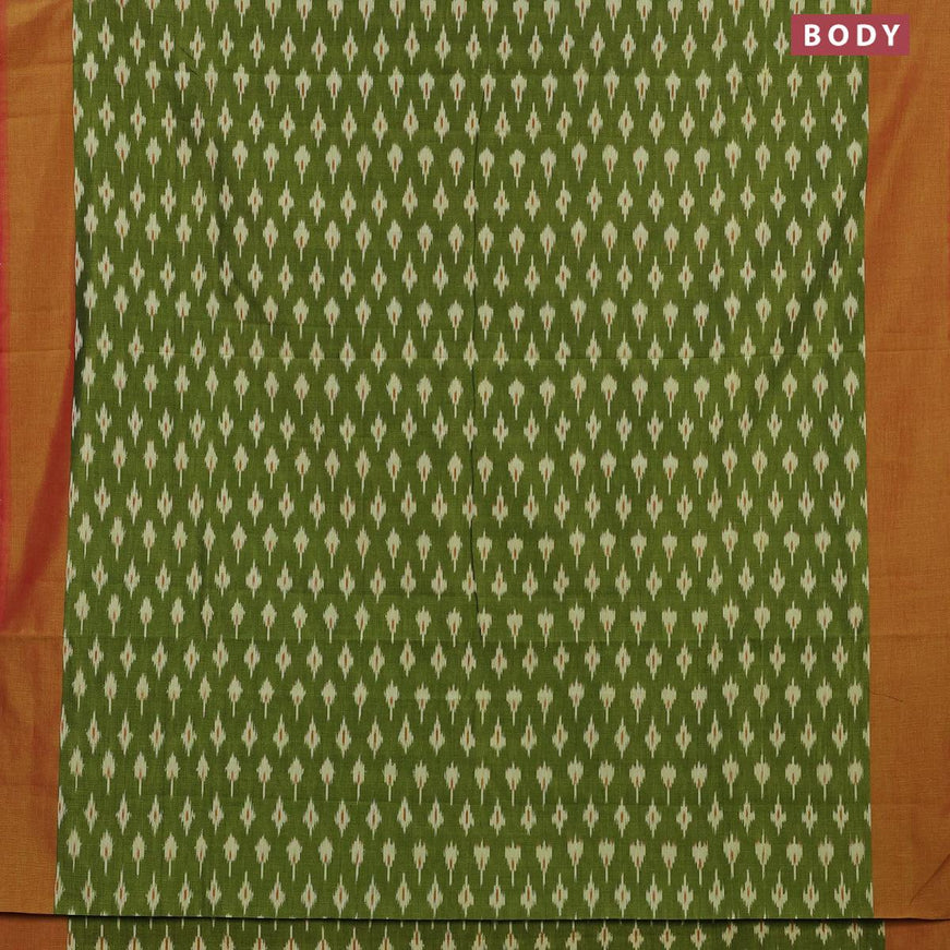 Ikat cotton saree green and red shade with ikat butta weaves and simple border without blouse