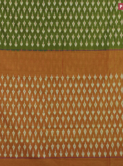 Ikat cotton saree green and red shade with ikat butta weaves and simple border without blouse