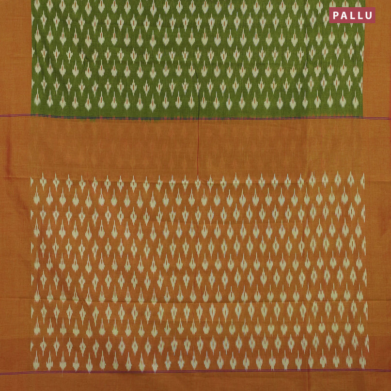 Ikat cotton saree green and red shade with ikat butta weaves and simple border without blouse