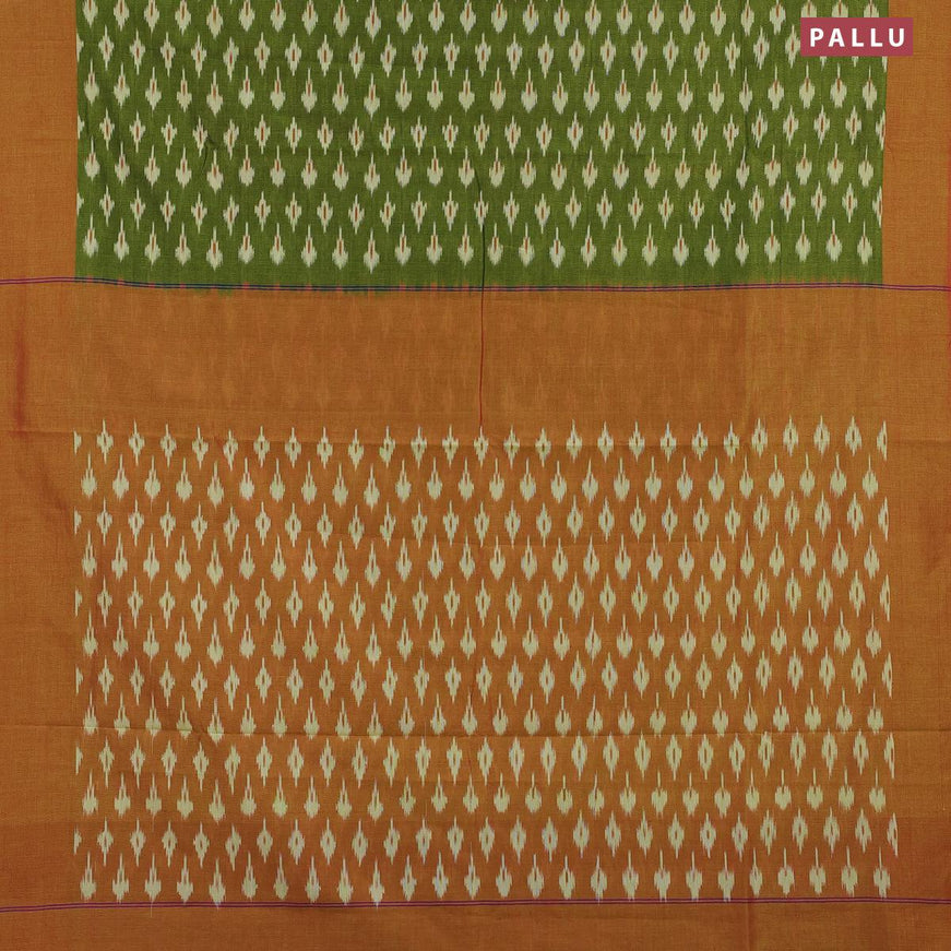 Ikat cotton saree green and red shade with ikat butta weaves and simple border without blouse