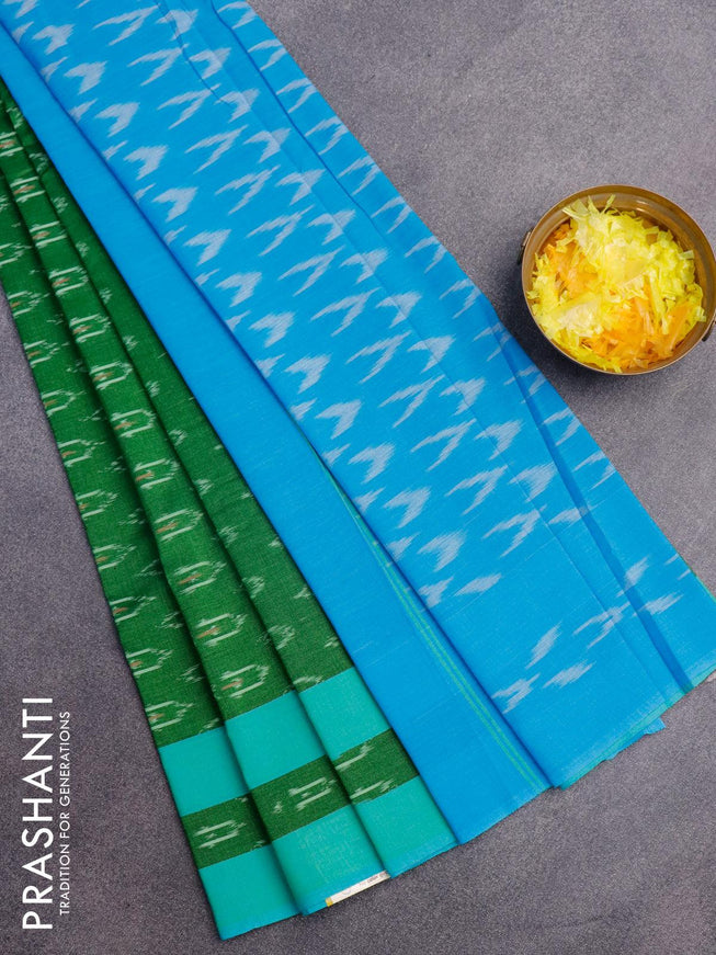 Ikat cotton saree green and teal blue with ikat butta weaves and simple border without blouse