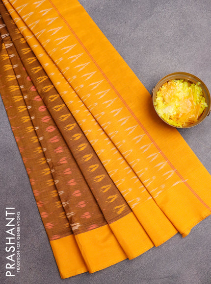 Ikat cotton saree dark mustard and mango yellow with ikat butta weaves and simple border without blouse