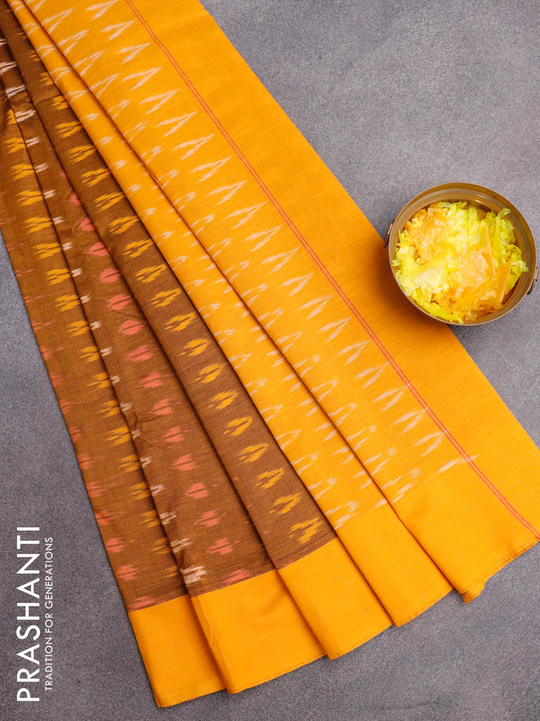 Ikat cotton saree dark mustard and mango yellow with ikat butta weaves and simple border without blouse