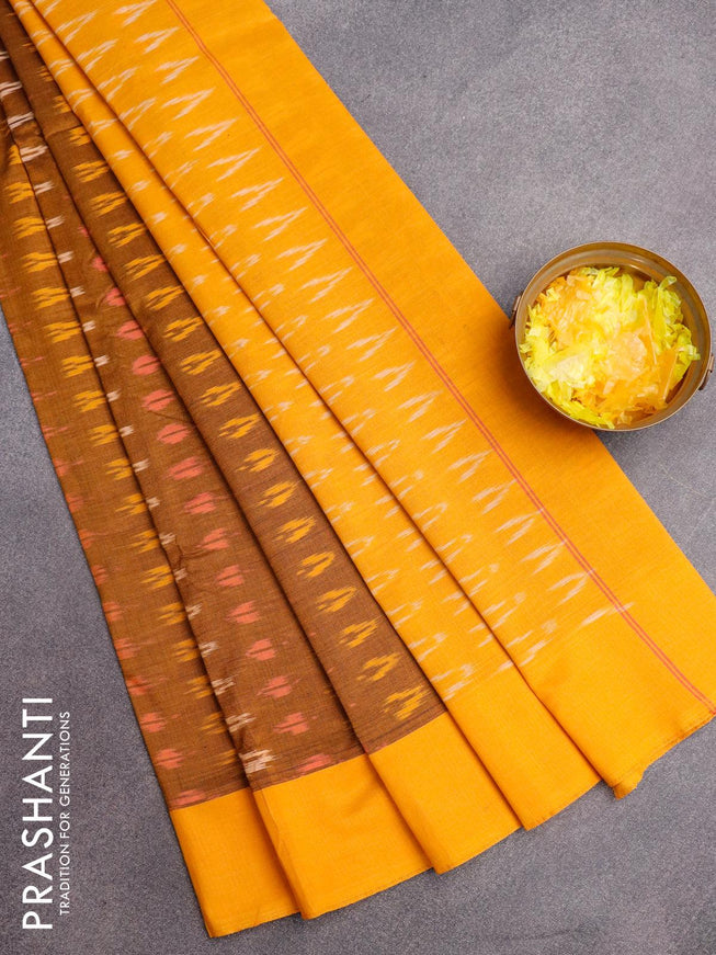 Ikat cotton saree dark mustard and mango yellow with ikat butta weaves and simple border without blouse