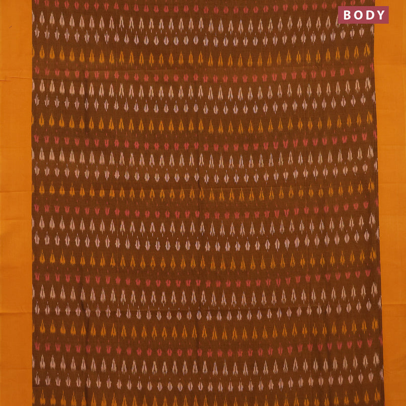 Ikat cotton saree dark mustard and mango yellow with ikat butta weaves and simple border without blouse