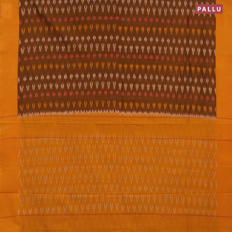 Ikat cotton saree dark mustard and mango yellow with ikat butta weaves and simple border without blouse