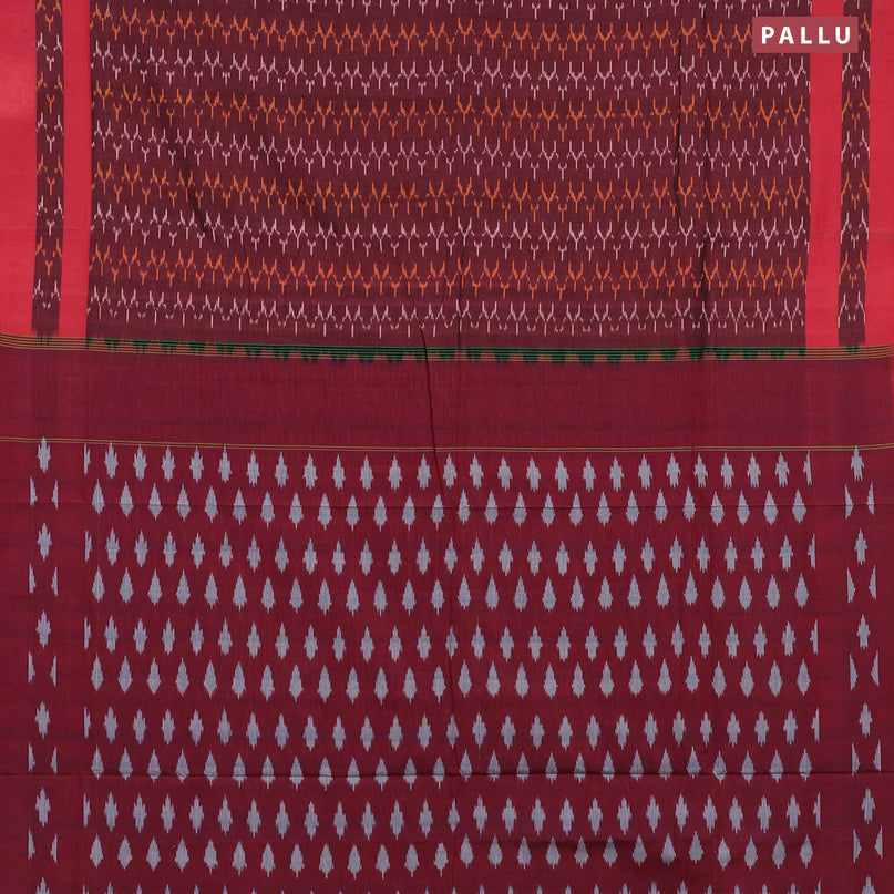 Ikat cotton saree maroon and red with allover ikat weaves and simple border without blouse